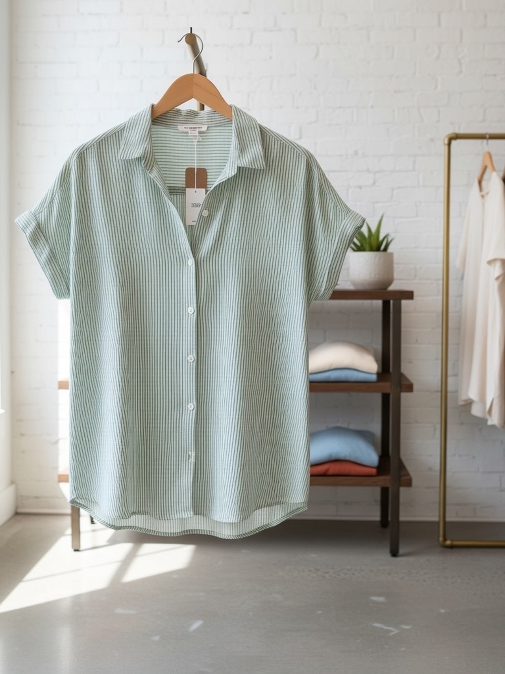 beachlunchlounge Mint Green Pinstripe Short-Sleeve Button-Down Shirt